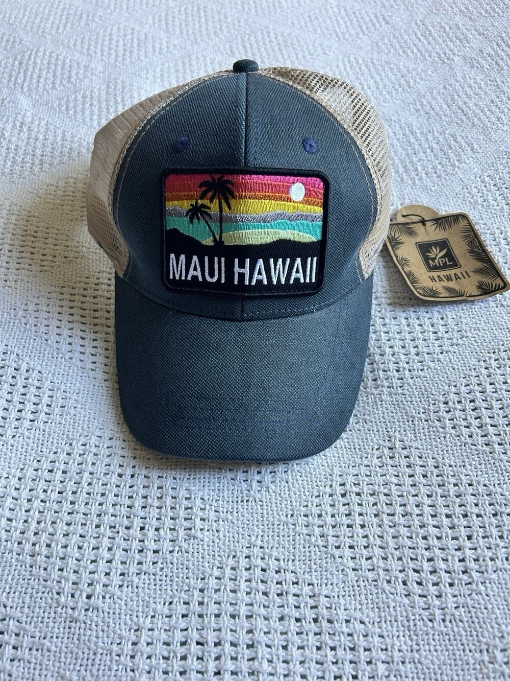 Maui Hawaii Trucker Hat Navy Blue Tan Mesh Snapback Sunset Patch NWT